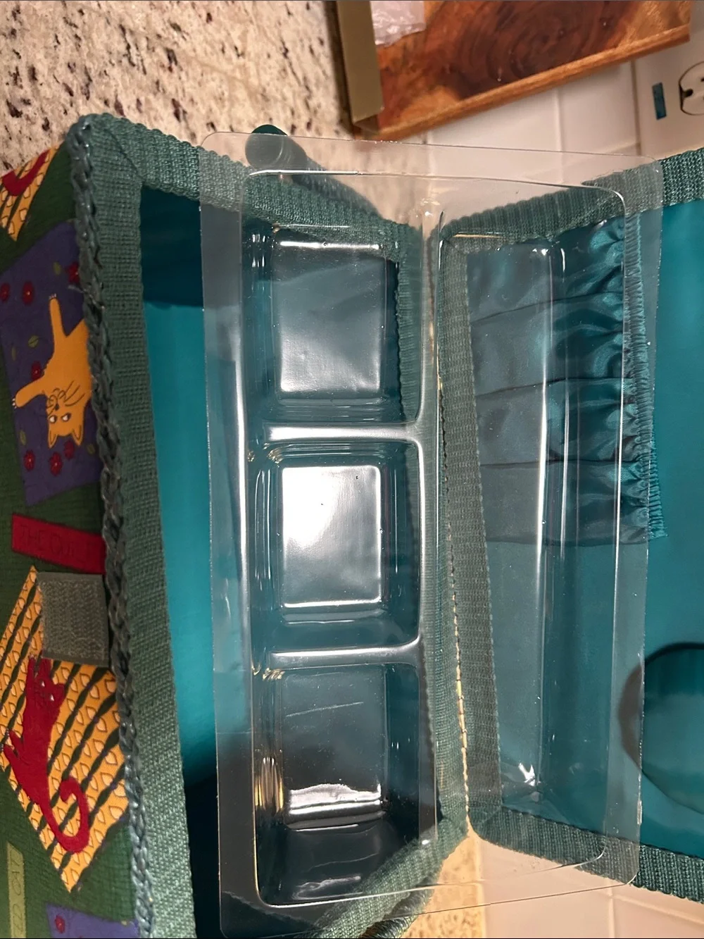 Green Cat Patchwork Sewing Basket with Teal Handley